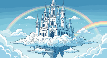 Fantasy Castle on Clouds with Rainbow