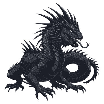 Ferocious Black Dragon Creature with Spikes and Flicking Tongue