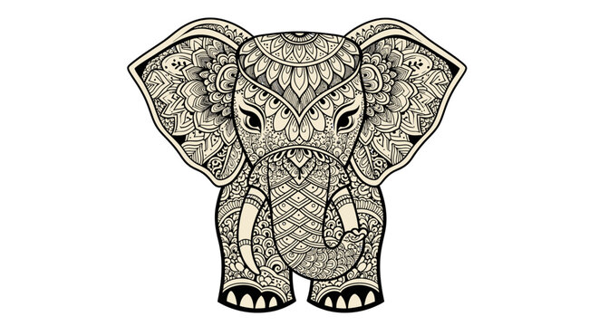 Intricate Elephant Illustration, Mandala Design, Ethnic Art, Tribal Pattern, White Background