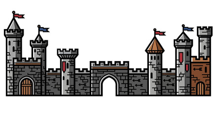 Medieval Castle Fortress Illustration with Towers and Flags © ismatul