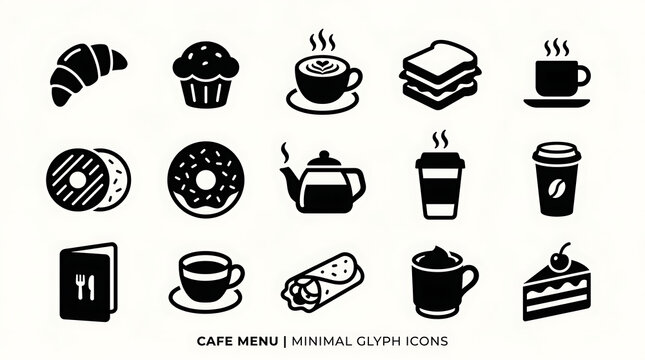 Icons representing various cafe menu items and beverages are arranged in a clean grid layout on a plain background.