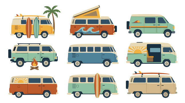 Collection of retro camper vans with surfboards and beach themes