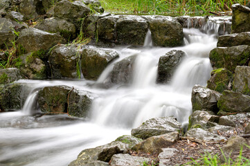 Obraz premium Small waterfall cascading over rocks in forest stream, peaceful nature scene and outdoor travel concept.