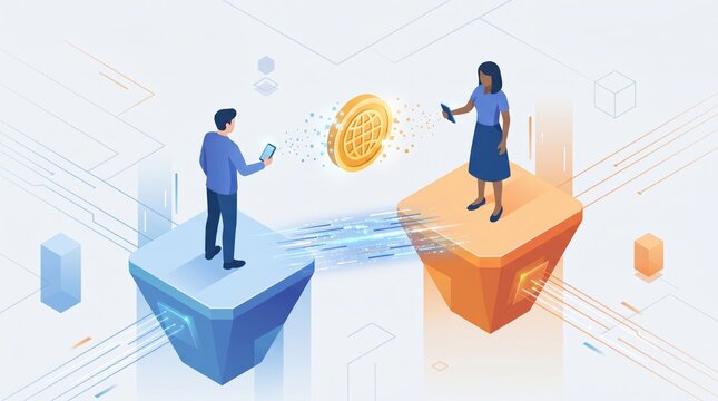 Isometric Illustration of Peer to Peer Cryptocurrency Transaction and Mobile Payment with Blockchain Technology