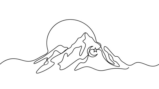 Continuous line art depicting majestic mountains under a rising sun, symbolizing spiritual ascent and the profound journey of Arafat (Hajj) Day, embodying peace and devotion and hope for pilgrims