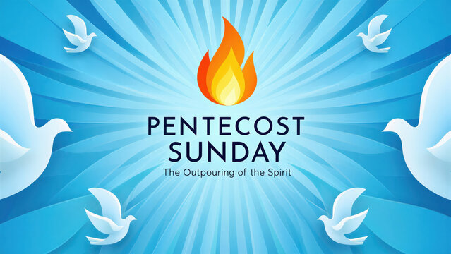 Pentecost Sunday celebration with white doves and symbolic flame on blue background, religious holiday imagery, Christian tradition in spiritual context, worship and prayer theme, faith expression