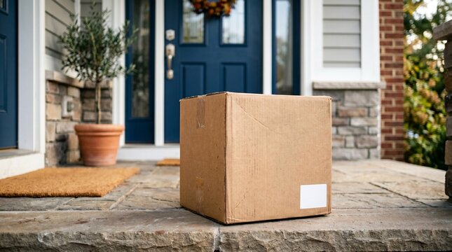 Cardboard delivery box left on front porch steps near blue door and potted plant