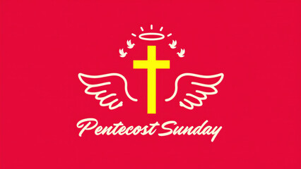 Fototapeta premium Pentecost celebration with yellow cross and wings on red background, religious symbolism in Christianity, spiritual event imagery, holy day iconography, festive faith illustration