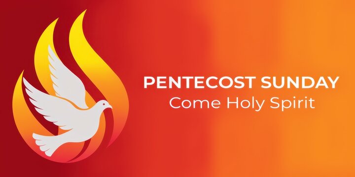 Pentecost sunday white dove flame on red orange background, come holy spirit message for church worship, prayer service, faith community gathering, liturgical celebration, spiritual blessing