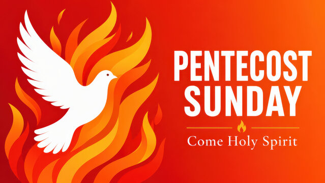 Pentecost Sunday celebration with dove and flames, holy spirit symbolism, spiritual gathering, religious faith illustration, Christian tradition, sacred event, divine presence, worship experience