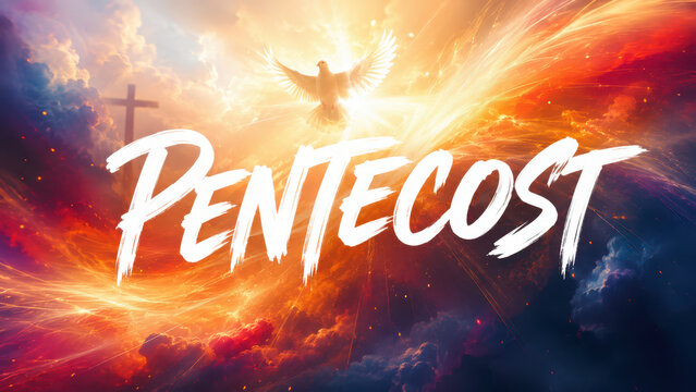 Pentecost Sunday typography text greeting with white holy dove flying in bright divine light rays and clouds, Christian religious holiday banner, holy spirit background with cross symbol
