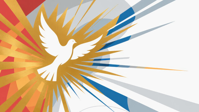 pentecost holy spirit dove with golden fire rays on red blue background, christian feast day worship service, church prayer gathering, spiritual renewal, gospel celebration, liturgy