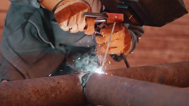 Worker repairs old pipeline outdoors with electric welding equipment near countryside workshop. Smoke, sparks and metal textures emphasize practical maintenance and reliable industrial solutions.