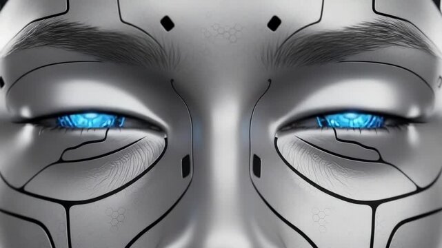 Closeup of android face with glowing blue eyes