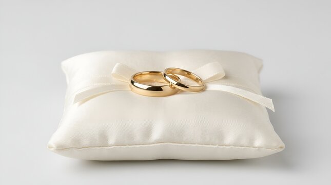 Pair of gold wedding rings on white satin pillow.