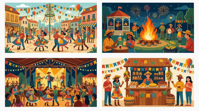 A collection of four illustrations depicting a vibrant outdoor festival. The scenes include a town square with dancing, a bonfire gathering at night with fireworks.