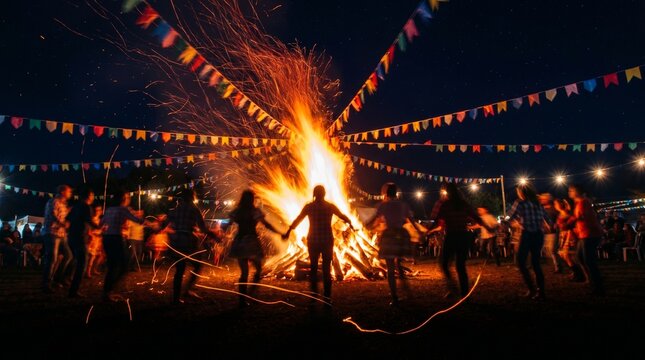 A group of people dancing in a circle around a bonfire at night, with colorful flags strung overhead and sparks flying. The scene evokes a sense of community, celebration, and primal energy