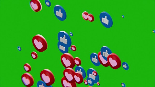 social media love heart like icons floating upwards, on green screen background