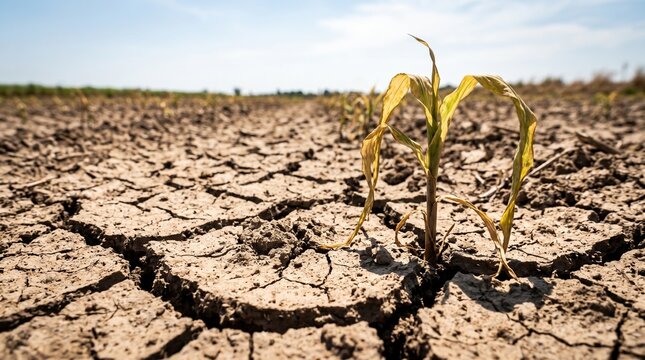 Withered corn plant growing in parched cracked earth of a dry field. Agriculture suffering from drought and extreme heat. Climate change impact on crop production and food security.