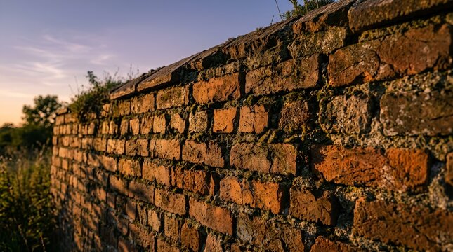 Perspective view of weathered red brick wall.