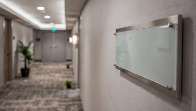 Focused view on sleek signage along a quiet corporate hallway in a business hotel conference area capturing the tranquility of a weekday setup.