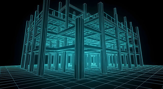 Wireframe digital blueprint of a modern multi-story building structure on a grid background, representing construction and architectural design