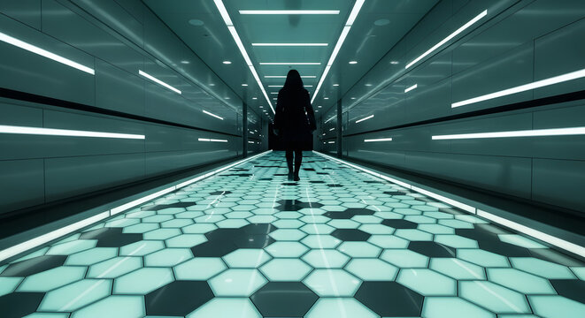 A lone figure walks down a vibrant, glowing futuristic corridor with a unique hexagonal patterned floor, stepping into a world of advanced technology and mystery