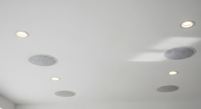 Recessed ceiling speakers and lights integrated into a white modern ceiling for ambient sound and lighting