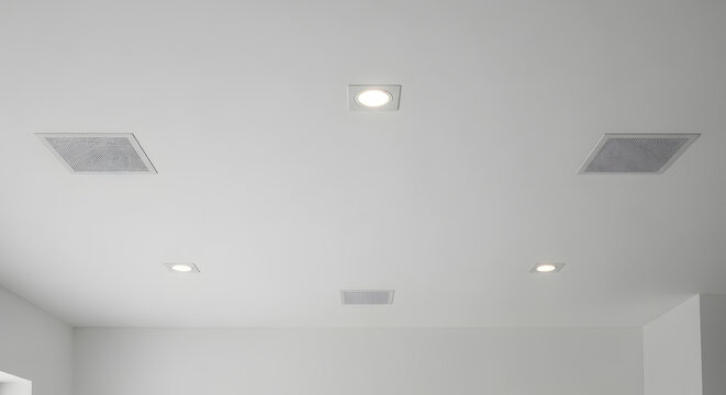 Modern white ceiling with integrated LED recessed lighting fixtures and discreet ventilation grilles, illuminating a contemporary interior space with a clean, minimalist design