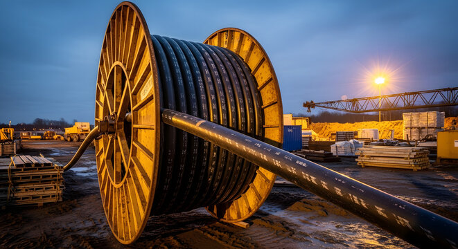 Huge industrial cable reel with robust electrical wires for essential power infrastructure and energy transmission projects