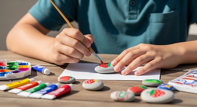Child painting colorful designs on smooth stones with watercolors.