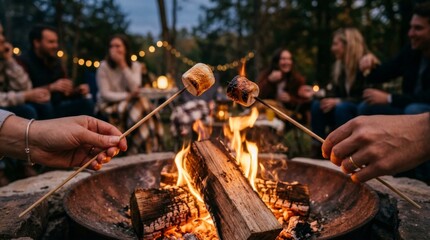 Naklejka na ściany i meble Friends roasting marshmallow over campfire at night. Group of people sitting around fire outdoors in evening. Camping trip, summer vacation, friendship, leisure, togetherness and outdoor lifestyle
