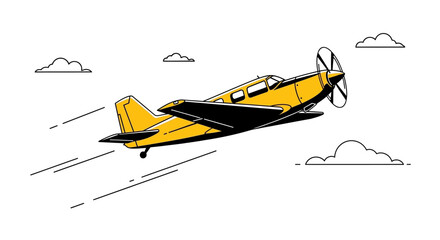 Vintage yellow propeller airplane flying in sky with clouds © bayu