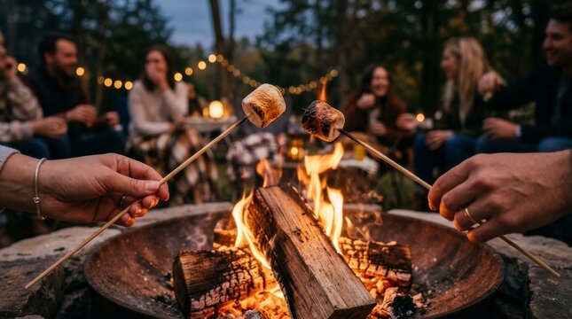 Friends roasting marshmallow over campfire at night. Group of people sitting around fire outdoors in evening. Camping trip, summer vacation, friendship, leisure, togetherness and outdoor lifestyle
