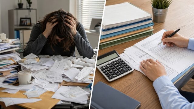 Tax paperwork chaos versus organized document folder for filing preparation
