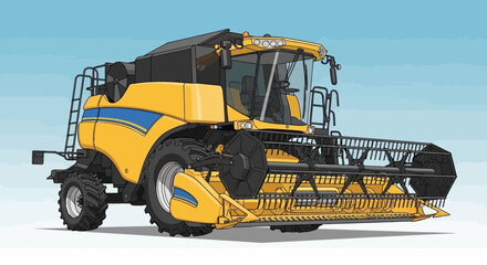 Fototapeta premium Yellow Combine Harvester Machine on a Blue Sky Background - Agricultural Equipment