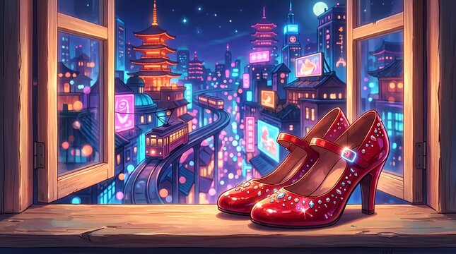 Red glitter high heel shoes on windowsill overlooking city.