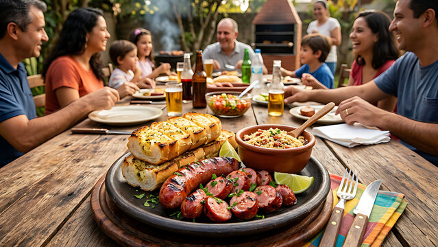 Brazilian grilled lingui&ccedil;a sausage served with p&atilde;o de alho and farofa on a rustic barbecue table during a family gathering.