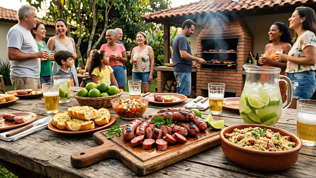 Brazilian grilled lingui&ccedil;a sausage served with p&atilde;o de alho and farofa on a rustic barbecue table during a family gathering.