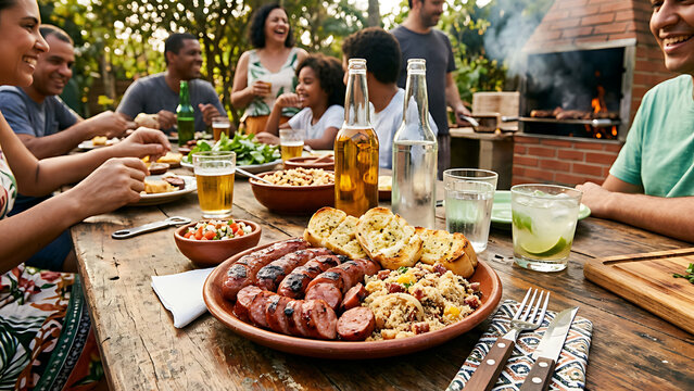 Brazilian grilled lingui&ccedil;a sausage served with p&atilde;o de alho and farofa on a rustic barbecue table during a family gathering.