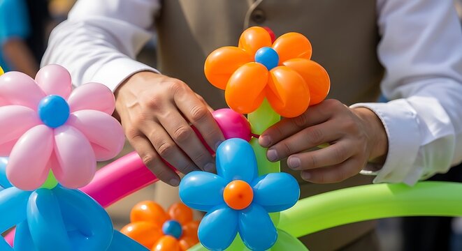 Close-up of a persons hands creating colorful balloon animals and flowers.