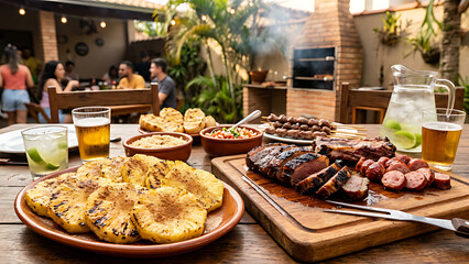 Obraz premium Brazilian-style grilled pineapple slices with cinnamon beside roasted meats on a churrasco table, warm outdoor barbecue vibe.