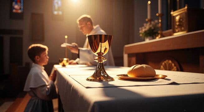 Golden chalice and bread on a church altar for First Communion. Child kneeling in prayer with priest in background. Holy eucharist and sacrament concept