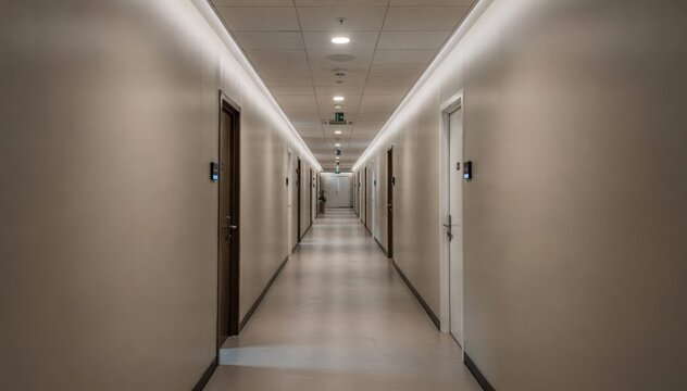 Medium shot capturing a hallway illuminated by occupancy sensortriggered LED lights designed for energy savings with strategic zoned lighting and minimal glare.