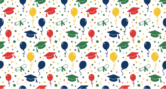 Seamless Graduation Celebration Pattern Background with Colorful Mortarboard Caps, Balloons, Diplomas, and Confetti Stars for University Party Backdrop Designs