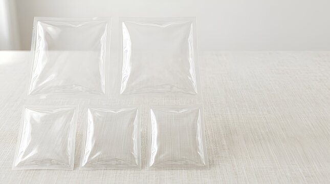 Set of four clear transparent plastic sachets.