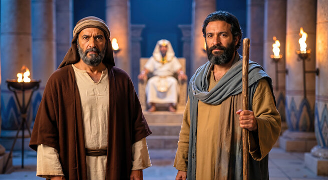 Moses and Aaron standing before Pharaoh in an ancient stone hall