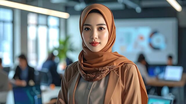 A woman in a hijab and professional attire stands confidently in an office setting, looking at the viewer