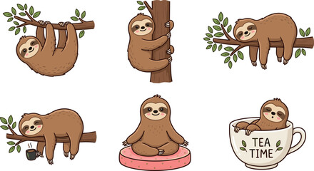 Fototapeta premium Cute Cartoon Sloth Character Vector Set Featuring Sloths Hanging, Sleeping, Meditating, and Relaxing in a Teacup for Children Greeting Card Designs
