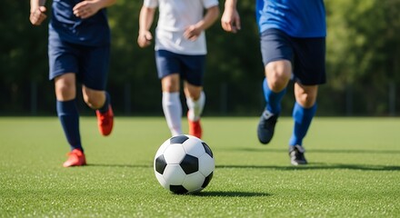 Fototapeta premium Young soccer players training on a green field with a ball in focus.